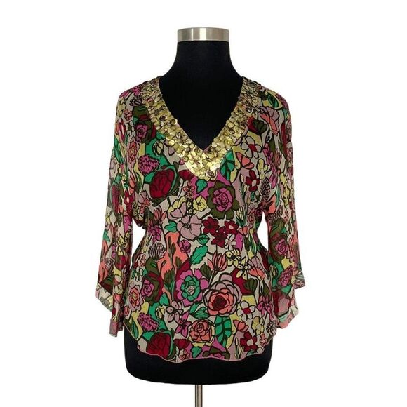 Tom K Nguyen L Multi-Color Floral Silk Top Sheer Sequin Y2K VTG Boho Art To Wear - Picture 9 of 13